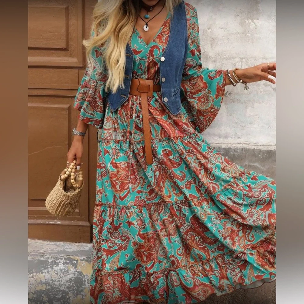 Boho floral paisley print maxi dress
